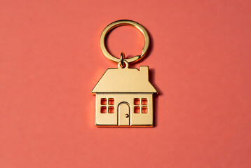 Keychain house shaped metal key ring with glossy gold finish on pink background, symbol of home ownership, real estate, property purchase, mortgage and moving concept