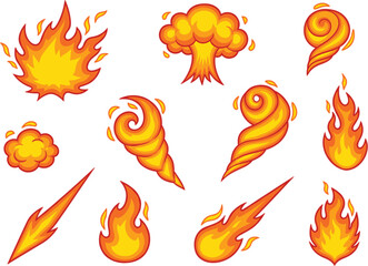 Cartoon fire flames collection, blazing bonfire, explosion burst, comet trail and smoke cloud, hot burning icons set © Hosne