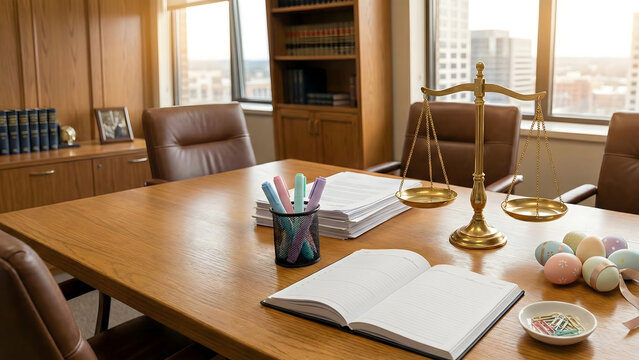 This image showcases a professional office setting for Easter lawyers, decorated with colorful Easter eggs and lilies, along with essential law books and a Catholic cross, symbolizing the blend of fai