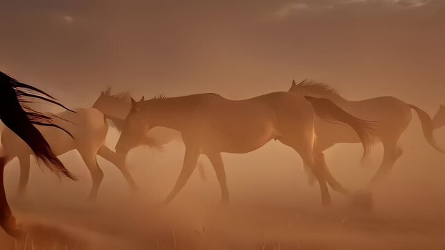 Wild Horses Galloping at Sunset