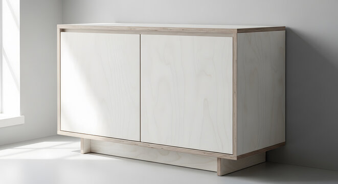 Stylish three door storage dresser crafted from white coated multiplex with visible finger joints and integrated handles for a contemporary look