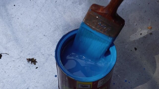 Metal Paint Can Blue Paint Paintbrush Open Lid Ready Painting