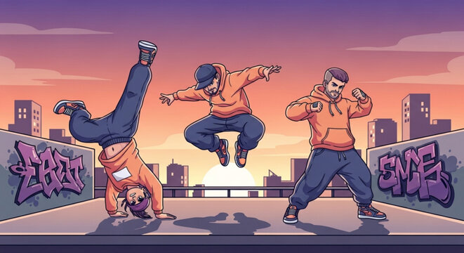 Three young men breakdancing on rooftop with city skyline at sunset graffiti walls