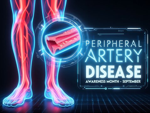 Peripheral artery disease awareness illustration with leg anatomy and artery closeup