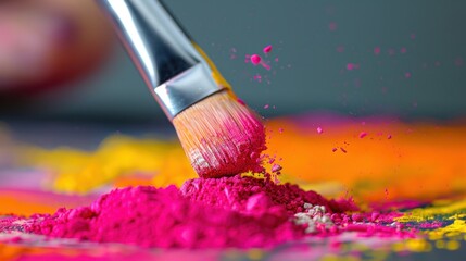 Fototapeta premium Close-Up of Brush Mixing Vibrant Pink and Yellow Pigments on Artistic Surface with Blurred Background
