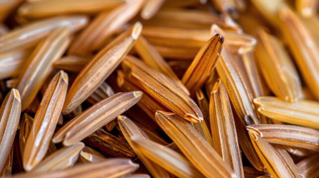 Close-up View of Raw Wild Rice Seeds with Natural Color Variations and Textures in a Horizontal Arrangement