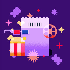 Obraz premium Cinema ticket, popcorn, film tape, 3d glasses vector illustration Design elements for movie poster, film festival banner