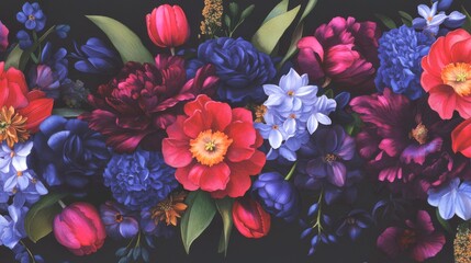 Fototapeta premium A rich, dense watercolor pattern with an English garden abundance. Layers of blooms including parrot tulips, double narcissi, and dense hyacinth