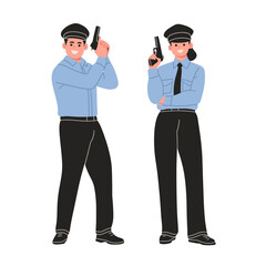 vector illustration of male and female police officers in uniform holding pistols. Ideal for security themes, public service designs, educational materials, posters, mascots, and graphic projects 