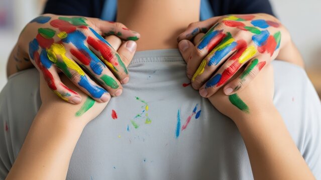 Person with Paint on Hands and Shirt.