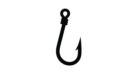 A simple black silhouette of a fishing hook on a white background © RKGolam