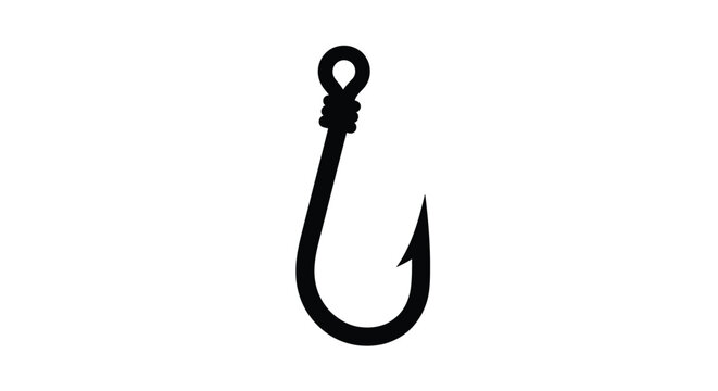 A simple black silhouette of a fishing hook on a white background