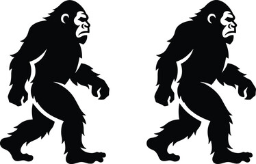 Two identical black silhouettes of bigfoot sasquatch walking in profile view isolated on white background for mystery folklore and mythical creature graphic designs