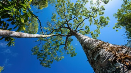 Fototapeta premium Majestic Perspective of Tall Trees Reaching for a Clear Blue Sky in a Lush Green Forest Environment