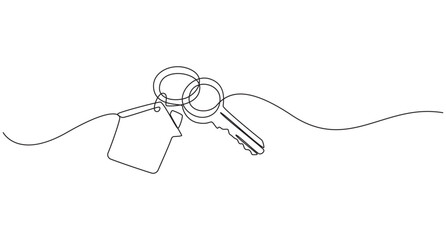 Obraz premium one line art drawing of a house with a key, Set of keys against white background, Continuous one line art drawing symbol of house keys, Real estate line icon vector design,