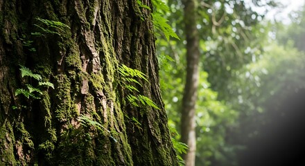 Thick tree trunk covered in vibrant green moss and small ferns in a sunlit forest