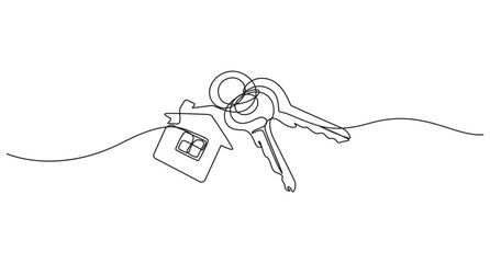 Obraz premium one line art drawing of a house with a key, Set of keys against white background, Continuous one line art drawing symbol of house keys, Real estate line icon vector design,