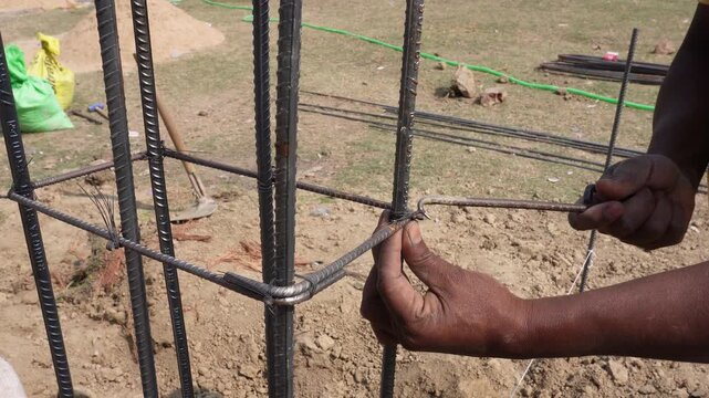 Worker Tying Rebar Cage Concrete Column Hand Tool Construction