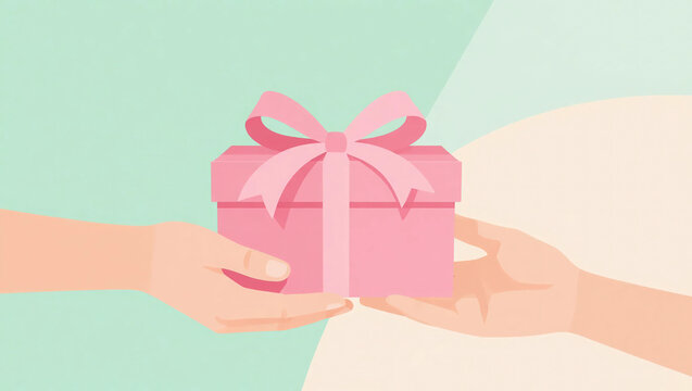 Minimal illustration of two hands exchanging a wrapped present in soft pastel tones. Symbolic artwork about trust, relationships, generosity and meaningful human interaction.
