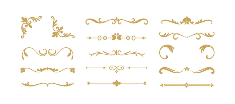 vintage ornate golden frame collection, decorative dividers corner elements floral line art borders on elegant black backdrop.