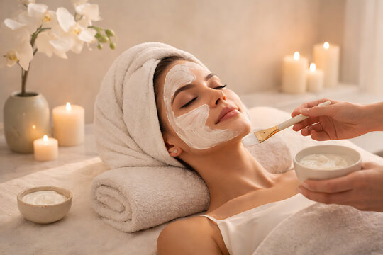 A woman enjoys a facial mask and a peaceful spa experience