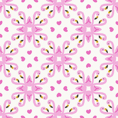 Seamless vector pattern featuring pink flamingo birds arranged in symmetrical ornamental layout that resembles floral motifs on light background.