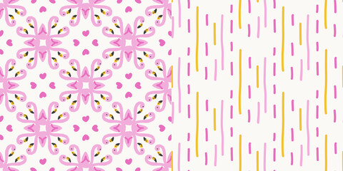 Vector seamless pattern set featuring flamingo birds arranged in decorative symmetrical composition with matching coordinating pattern in pastel colors.