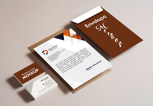 Modern Floating Branding Stationery Mockup with A4 Flyer Envelope and Business Cards