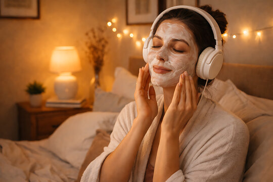 A serene moment of self-care: a woman wearing a facial mask, headphones, and relaxing in a cozy setting. She's enveloped in a tranquil atmosphere.