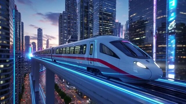 Futuristic monorail speeding through modern cityscape at dusk