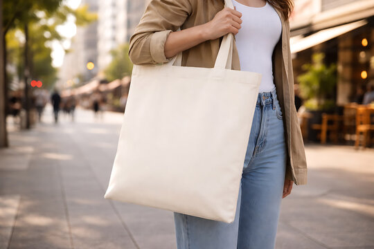 A person holding a blank beige tote bag in a city setting. The person wears casual clothing while carrying the tote bag down a paved walkway, with blurred buildings in the background