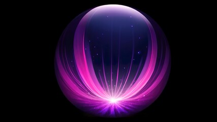 Abstract magical plasma sphere glowing in bright pink and violet tones, surrounded by shimmering liquid particles on a dark purple background.