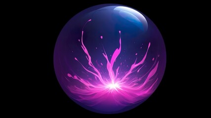 Abstract magical plasma sphere glowing in bright pink and violet tones, surrounded by shimmering liquid particles on a dark purple background.