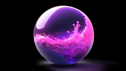 Abstract magical plasma sphere glowing in bright pink and violet tones, surrounded by shimmering liquid particles on a dark purple background.