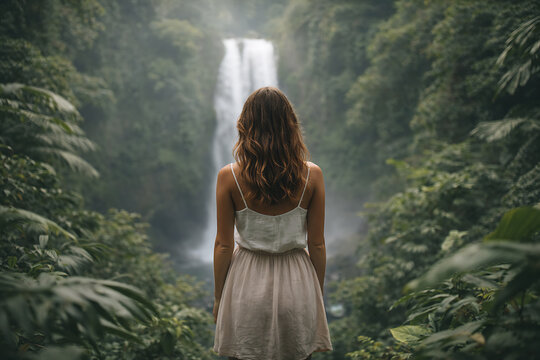 A woman stands before the cascading waterfall, immersed in the beauty of nature. The verdant scenery evokes tranquility.  
