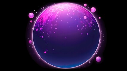 Abstract magical plasma sphere glowing in bright pink and violet tones, surrounded by shimmering liquid particles on a dark purple background.