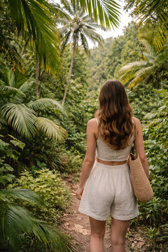 A woman exploring a verdant tropical rainforest, carrying a woven tote bag, showcasing her connection with nature and travel. The vibrant greenery frames the scene.