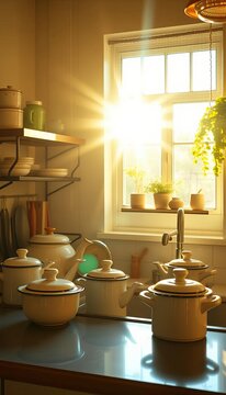 Sun-drenched kitchen tableau, aged enamelware gleams under a nostalgic haze,  domestic scene,  ceramic