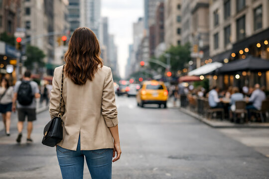 A woman standing in the middle of a city street, gazing ahead. Cars and people are blurred in the background