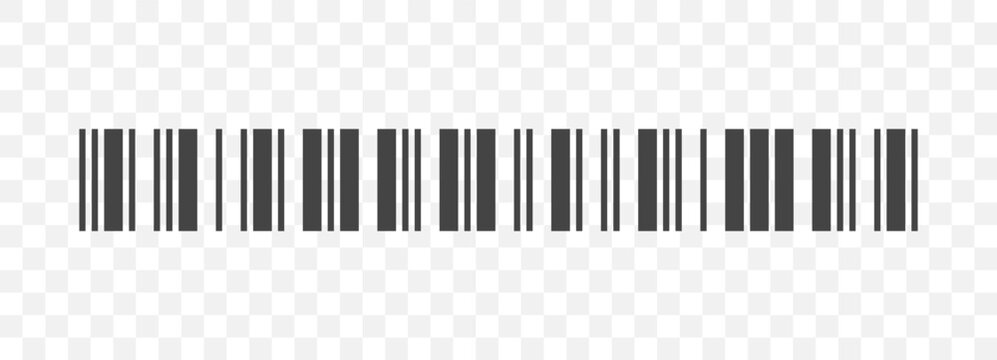 Barcode graphic with vertical long bar lines arranged in standard EAN structure. Minimal black icon. Packaging design, retail labeling and commercial layouts. Symbol of scan technology, scanner system
