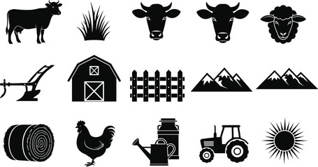  Farm and agriculture icon set with cow sheep chicken barn tractor mountain sun hay bale and fence symbols in black silhouette vector style. © AMINA