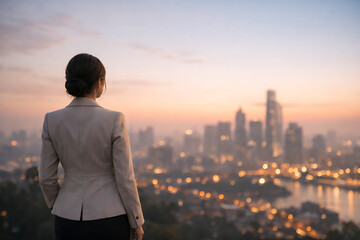 Fototapeta premium A determined woman stands overlooking a city skyline at dusk, poised to achieve success
