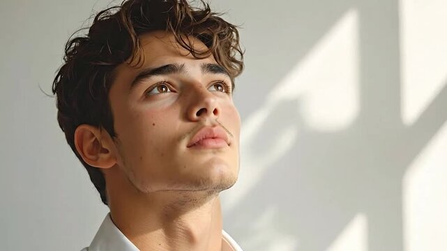 Young man with curly hair looking up thoughtfully against a bright background with natural shadows.