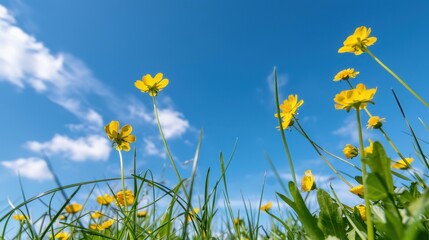 Obraz premium Bright Yellow Buttercup Flowers in Lush Green Grass Under a Clear Blue Sky with Soft White Clouds