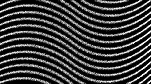 Abstract white textured wavy lines on black background, modern digital scribble pattern loop