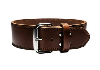 Brown leather belt with silver buckle and stitching details isolated on transparent background