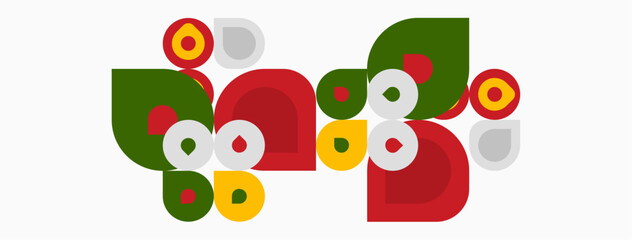 Abstract shapes, circles, red, green, white, yellow. Modern design, simple forms, flat illustration, playful composition.