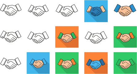 A grid of various handshake icons, including outline and flat design styles with different colors and backgrounds, symbolizing agreement and partnership.
