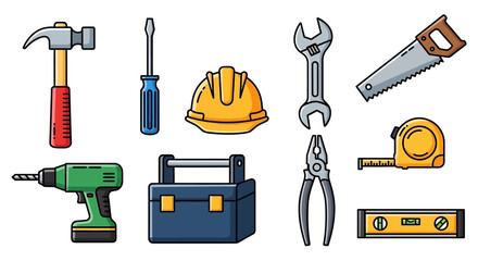 A collection of various hand tools and power tools including a hammer, screwdriver, hard hat, wrench, saw, drill, toolbox, pliers, measuring tape, and spirit level.