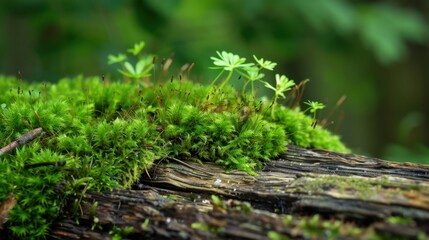 Fresh green moss on decaying wood with delicate plants thriving in the forest undergrowth displaying nature's vibrant ecosystem
